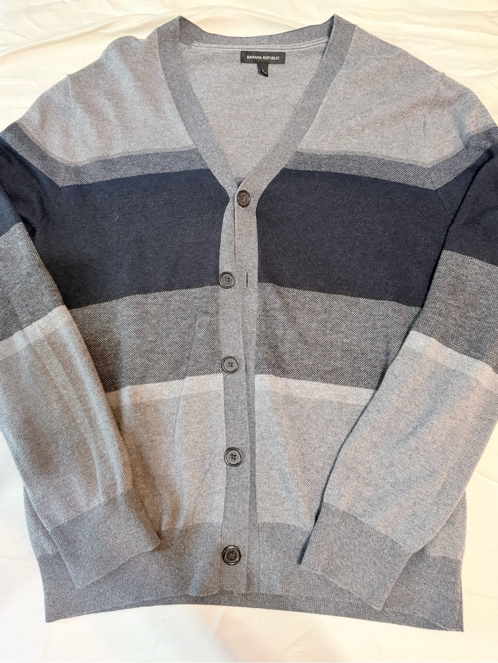 Banana Republic Men's Gray and Navy Striped V-Neck Cardigan